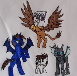 Size: 594x592 | Tagged: safe, artist:agirlwholovesmlp, derpibooru import, gilda, pipsqueak, thorax, oc, bat pony, changeling, earth pony, griffon, pony, bat pony oc, bat wings, colt, fangs, female, flying, foal, looking at you, male, simple background, smiling, standing, traditional art, unnamed oc, white background, wings
