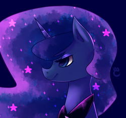 Size: 816x766 | Tagged: safe, artist:marshmellowcannibal, princess luna, alicorn, pony, bust, female, horn, jewelry, mare, portrait, profile, regalia, smiling, solo