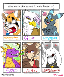 Size: 569x680 | Tagged: safe, artist:tvthari, derpibooru import, gilda, anthro, dog, dragon, goat, griffon, red panda, :d, aggretsuko, angry, asriel dreemurr, beastars, blushing, bust, clothes, collar, crossover, facepalm, female, glowing eyes, heartbreak, jewelry, juno, looking up, male, necklace, open mouth, paws, pokémon, red eyes, retsuko, sanrio, sharp teeth, six fanarts, spyro the dragon, teeth, tongue out, umbreon, underpaw, undertale