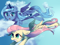 Size: 850x650 | Tagged: safe, artist:kemonomo, fluttershy, princess luna, alicorn, pegasus, pony, flying, pixiv, s1 luna