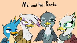 Size: 2190x1232 | Tagged: safe, artist:tjpones, derpibooru import, gabby, gallus, gilda, greta, griffon, birb, borb, clothes, faic, female, male, me and the boys, meme, open mouth, ponified meme, scarf, simple background, smiling, teeth, text