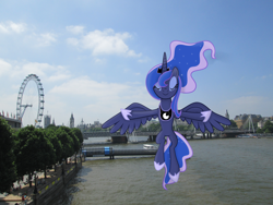 Size: 4608x3456 | Tagged: safe, artist:jolteongirl, princess luna, boat, bridge, castle, ferris wheel, irl, london, photo, ponies in real life, river, solo, vector