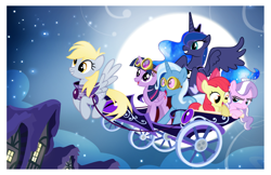 Size: 1400x906 | Tagged: safe, artist:pixelkitties, apple bloom, derpy hooves, diamond tiara, princess luna, trixie, twilight sparkle, twilight sparkle (alicorn), alicorn, pony, chariot, female, goggles, mare, moon