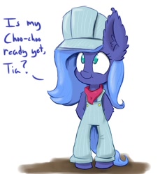 Size: 1100x1200 | Tagged: safe, artist:heir-of-rick, princess luna, alicorn, pony, semi-anthro, bipedal, clothes, dialogue, filly, impossibly large ears, overalls, solo, train conductor, woona