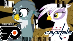 Size: 1440x810 | Tagged: safe, artist:dashiesparkle, artist:jeatz-axl, derpibooru import, gabby, gilda, griffon, hockey, ice hockey, match, nhl, philadelphia flyers, sports, washington capitals