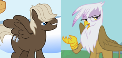 Size: 944x450 | Tagged: safe, derpibooru import, screencap, dumbbell, gilda, griffon the brush off, sonic rainboom (episode), cropped, female, gildabell, male, shipping, shipping domino, straight