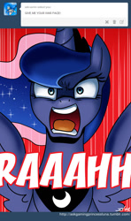 Size: 600x1015 | Tagged: safe, artist:johnjoseco, princess luna, alicorn, pony, angry, ask gaming princess luna, comic, looking at you, open mouth, solo, war face, yelling