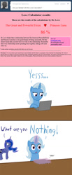 Size: 528x1280 | Tagged: safe, artist:tootootaloo, princess luna, trixie, ask, ask princess luna, comic, computer, female, lesbian, love calculator, luxie, shipping, tumblr