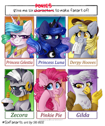 Size: 1920x2293 | Tagged: safe, artist:sk-ree, derpibooru import, derpy hooves, gilda, pinkie pie, princess celestia, princess luna, zecora, alicorn, earth pony, griffon, pony, zebra, :p, bedroom eyes, blushing, bust, cheek squish, ear fluff, ear piercing, earring, ethereal mane, eyelashes, flashback potion, hat, hoof hold, hoof shoes, jewelry, mouth hold, neck rings, peytral, piercing, salute, scrunchy face, six fanarts, squishy cheeks, starry mane, tongue out