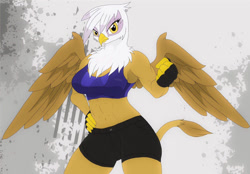 Size: 850x591 | Tagged: safe, artist:q_wed, derpibooru import, gilda, anthro, griffon, abs, beak, belly button, breasts, clothes, detailed background, digital art, female, gil-zongas, gloves, looking at you, muscles, muscular female, rippda, shorts, solo, sports bra, sports shorts, tail, wings