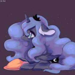 Size: 500x500 | Tagged: safe, artist:shanshantmblr, princess luna, alicorn, pony, crying, floppy ears, pillow, prone, sad, solo, sparkles