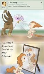 Size: 501x837 | Tagged: safe, artist:askponybrandenburg, derpibooru import, gilda, griffon, pony, altered reflection, alternate hairstyle, ask, brandenburg, comic, eyes closed, female, hetalia, mare, mirror, open mouth, ponified, reflection, sitting, yelling