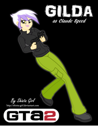 Size: 2563x3335 | Tagged: safe, artist:shinta-girl, derpibooru import, part of a set, gilda, equestria girls, aiming, black background, claude speed, clothes, commission, cosplay, costume, crossover, deviantart, digital art, equestria girls-ified, female, full body, golden eyes, grand theft auto, gta 2, gun, handgun, happy, high res, human coloration, jacket, leaning, leg in air, leg lifted, lifted leg, lifting leg, lipstick, looking at you, makeup, older, older gilda, one leg raised, outfit, pants, parody, pistol, pocket, pointing, radical-gilda, raised leg, reference, shirt, shoes, signature, simple background, smiley face, smiling, smiling at you, solo, standing, standing on one leg, t-shirt, trigger discipline, video game, video game crossover, video game reference, weapon
