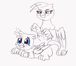 Size: 2026x1761 | Tagged: safe, artist:pabbley, derpibooru import, gallus, gilda, griffon, /mlp/ con, duo, gallabuse, imminent something, monochrome, sketches from a hat, teary eyes