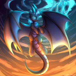 Size: 2500x2500 | Tagged: safe, artist:cornelia_nelson, dragon, pony, commission, horns, lightning, ponified, scales, wings