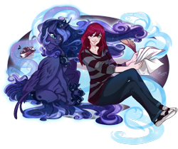 Size: 1280x1073 | Tagged: safe, artist:cigarscigarettes, princess luna, human, duo, ink, lauren faust, paper, quill, sitting, windswept mane, writing