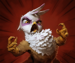 Size: 1080x900 | Tagged: safe, artist:assasinmonkey, derpibooru import, gilda, griffon, griffon the brush off, angry, chest fluff, female, open mouth, puffed chest, red background, scene interpretation, simple background, solo