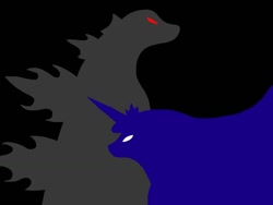 Size: 1024x768 | Tagged: safe, artist:mega-gojira, princess luna, alicorn, kaiju, pony, crossover, godzilla, godzilla (series), red eyes, silhouette