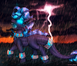 Size: 3500x3000 | Tagged: safe, alternate version, artist:cornelia_nelson, oc, dracony, dragon, hybrid, pony, angry, bracelet, gem, glow, glowing eyes, jewelry, lightning, long tail, male, necklace, open mouth, ponified, rain, solo, storm