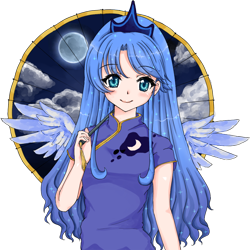 Size: 812x813 | Tagged: safe, artist:d-tomoyo, princess luna, human, cheongsam, clothes, humanized, solo, umbrella, winged humanization