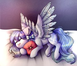 Size: 3500x3000 | Tagged: safe, artist:cornelia_nelson, oc, oc only, pegasus, pony, bow, commission, cute, hair bow, hug, ocbetes, pillow, pillow hug, sleeping, spread wings, tongue out, wingboner, wings