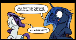 Size: 900x480 | Tagged: safe, artist:lovelyneckbeard, princess luna, rarity, alicorn, pony, unicorn, angry, comic, i can't believe it's not idw, missing accessory, them's fightin' words