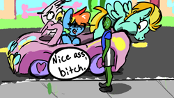 Size: 2304x1296 | Tagged: safe, derpibooru import, gilda, lightning dust, rainbow dash, oc, oc:anon, pegasus, pony, /mlp/, anonymous, car, drawthread, reversed gender roles equestria, sexual harassment