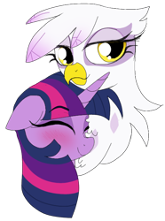 Size: 506x680 | Tagged: safe, artist:unoriginai, derpibooru import, gilda, twilight sparkle, chest fluff, cute, female, fluffy, gildadorable, lesbian, shipping, simple background, transparent background, twiabetes, twilda