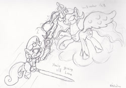 Size: 2325x1625 | Tagged: safe, artist:frikdikulous, princess luna, sweetie belle, alicorn, pony, dark magic, dialogue, force lightning, hoof hold, lightsaber, magic, monochrome, sith, sketch, sombra eyes