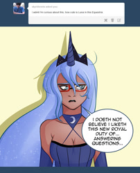 Size: 1280x1582 | Tagged: safe, artist:swain, princess luna, human, ask-humans-from-equestria, cleavage, female, glasses, humanized, solo, tumblr, ye olde butcherede englishe