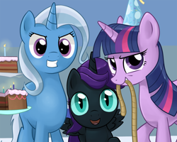 Size: 1280x1024 | Tagged: safe, artist:gsphere, trixie, twilight sparkle, oc, oc:nyx, alicorn, pony, unicorn, fanfic:past sins, alicorn oc, cake, candle, female, filly, hat, looking at you, mare, mouth hold, party hat, rope, trio