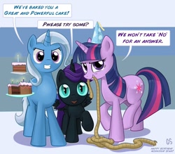 Size: 1100x962 | Tagged: safe, artist:gsphere, trixie, twilight sparkle, oc, oc:nyx, alicorn, pony, unicorn, fanfic:past sins, alicorn oc, cake, candle, dialogue, female, filly, happy birthday, hat, looking at you, mare, mouth hold, party hat, rope, trio