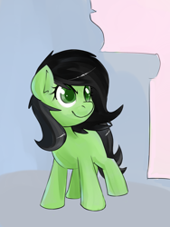 Size: 1200x1600 | Tagged: safe, artist:compoundlift, oc, oc only, oc:anon, oc:anon filly, /mlp/, age regression, female, filly, grin, implied transformation, implied transgender transformation, mischievous, solo