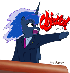 Size: 1675x1760 | Tagged: safe, artist:xulious, princess luna, alicorn, pony, ace attorney, crossover, objection, phoenix wright, simple background, solo, transparent background