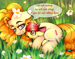 Size: 754x600 | Tagged: safe, alternate version, artist:cornelia_nelson, apple bloom, pear butter, bee, earth pony, pony, adorabloom, bow, cute, dialogue, female, filly, floppy ears, flower, flower in hair, grass, hair bow, looking at each other, mare, mother and child, mother and daughter, parent and child, pearabetes, speech bubble, talking, telling lies, weapons-grade cute