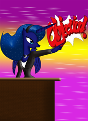 Size: 900x1237 | Tagged: safe, artist:odiz, princess luna, anthro, ace attorney, crossover, objection, phoenix wright, solo