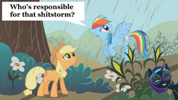 Size: 1280x720 | Tagged: safe, edit, edited screencap, screencap, rainbow dash, oc, oc:nyx, earth pony, pegasus, pony, unicorn, the return of harmony, chaos, chocolate, chocolate rain, corn, cornfield, female, food, image macro, maize, mare, rain, troll nyx, vulgar