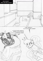 Size: 918x1300 | Tagged: safe, artist:leovictor, princess luna, alicorn, pony, crowbar, headset, monochrome