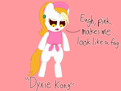 Size: 800x600 | Tagged: safe, artist:jerkface, oc, oc:dyx, pony, unicorn, belly button, bipedal, bottomless, clothes, cosplay, disappointed, dixie kong, donkey kong, ear piercing, fangs, female, filly, foal, hat, piercing, vulgar