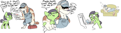 Size: 2278x634 | Tagged: safe, artist:nobody, oc, oc only, oc:anon filly, diamond dog, bait and switch, bill, comic, dialogue, female, filly, plumber, simple background, toilet