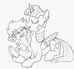 Size: 1000x933 | Tagged: safe, artist:traditionaldrawfaglvl1, twilight sparkle, twilight sparkle (alicorn), oc, oc:anon, oc:anon filly, alicorn, pony, /mlp/, cute, female, filly, licking, mama twilight, mare, monochrome, mother and child, mother and daughter, mothers gonna mother, parent and child, scrunchy face, tongue bath, tongue out