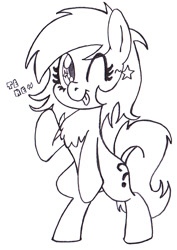 Size: 500x708 | Tagged: safe, artist:traditionaldrawfaglvl1, oc, oc only, oc:anon, oc:anon filly, pony, /mlp/, bipedal, chest fluff, female, filly, grayscale, monochrome, simple background, solo, standing, white background, wink