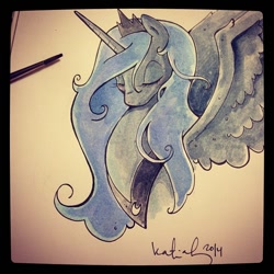 Size: 640x640 | Tagged: safe, artist:katiecandraw, princess luna, alicorn, pony, eyes closed, solo, traditional art, watercolor painting