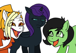 Size: 2161x1500 | Tagged: safe, artist:pony quarantine, oc, oc only, oc:anon filly, oc:dyx, oc:nyx, alicorn, earth pony, alicorn oc, choker, clothes, coat, female, filly, horn, laughing, laughing wolves meme, mare, meme, ponified animal photo, ponified meme, teeth, tongue out, unamused, wings