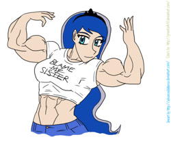 Size: 734x626 | Tagged: safe, artist:advanceddefense, artist:greentark46, idw, princess luna, human, blame my sister, colored, flexing, humanized, magic shirt, midriff, muscles, princess muscle moona, simple background, solo