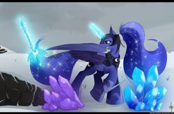 Size: 1280x842 | Tagged: safe, artist:dream-phoenix, princess luna, alicorn, pony, armor, crystal, magic, ponytail, solo, sword, warrior luna, weapon