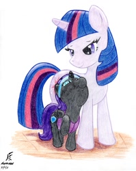 Size: 987x1243 | Tagged: safe, artist:masternodra, twilight sparkle, unicorn twilight, oc, oc:nyx, alicorn, pony, unicorn, fanfic:past sins, alicorn oc, colored pencil drawing, duo, fanfic art, female, filly, foal, horn, mare, mother and child, mother and daughter, parent and child, signature, traditional art, wings