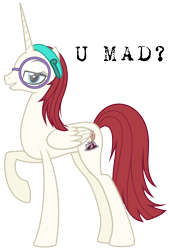 Size: 3403x4999 | Tagged: artist needed, safe, oc, oc only, oc:fausticorn, oc:nyx, alicorn, pony, blasphemy, female, fusion, glasses, image macro, lauren faust, lidded eyes, mare, simple background, transparent background, u mad