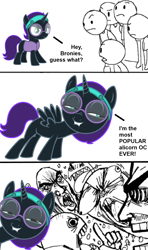 Size: 1000x1687 | Tagged: safe, artist:facelessjr, artist:kanrabat, edit, oc, oc only, oc:nyx, alicorn, human, pony, fanfic:past sins, brony, comic, original content, troll nyx, trolling