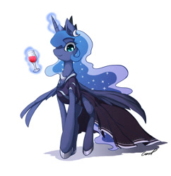 Size: 1299x1340 | Tagged: safe, artist:grasspainter, princess luna, alicorn, pony, clothes, dress, female, levitation, looking at you, magic, mare, simple background, smiling, smiling at you, solo, telekinesis, white background, wine, wine glass